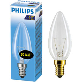 Лампа накаливания 60Вт E14 PHILIPS, свеча прозрачная